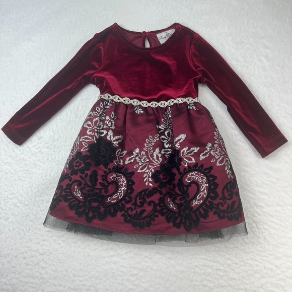 Rare Editions Amazing Toddler Dress Sz 24 M Burgundy Black Silver Rhinestone - Picture 1 of 6